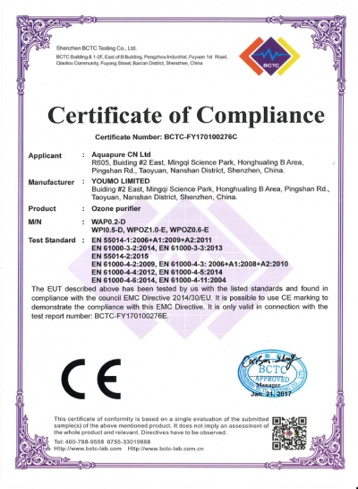 CE for WAP0.2-D Multifunional Ozone Purifier